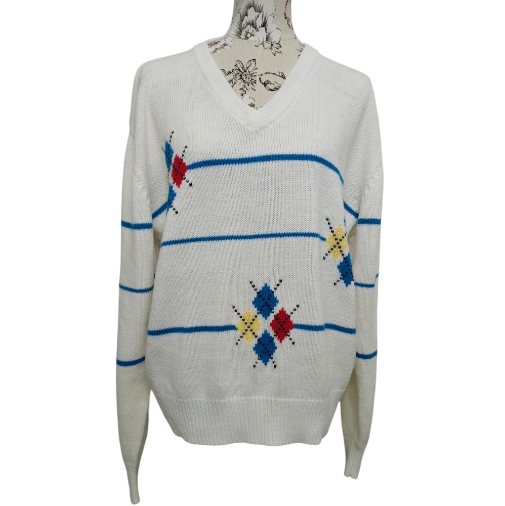 Vintage, IZOD Argyle Unisex Size Large V-Neck Sweater